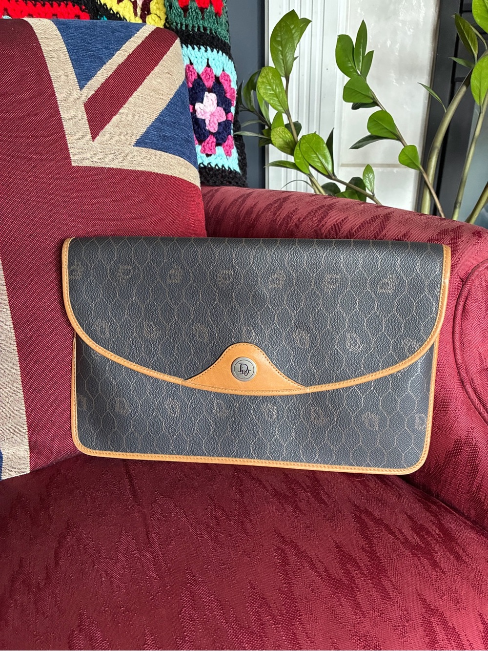 ICONIC Dior Honeycomb Monogram PVC Leather-Trim Clutch with Tan Piping 😍